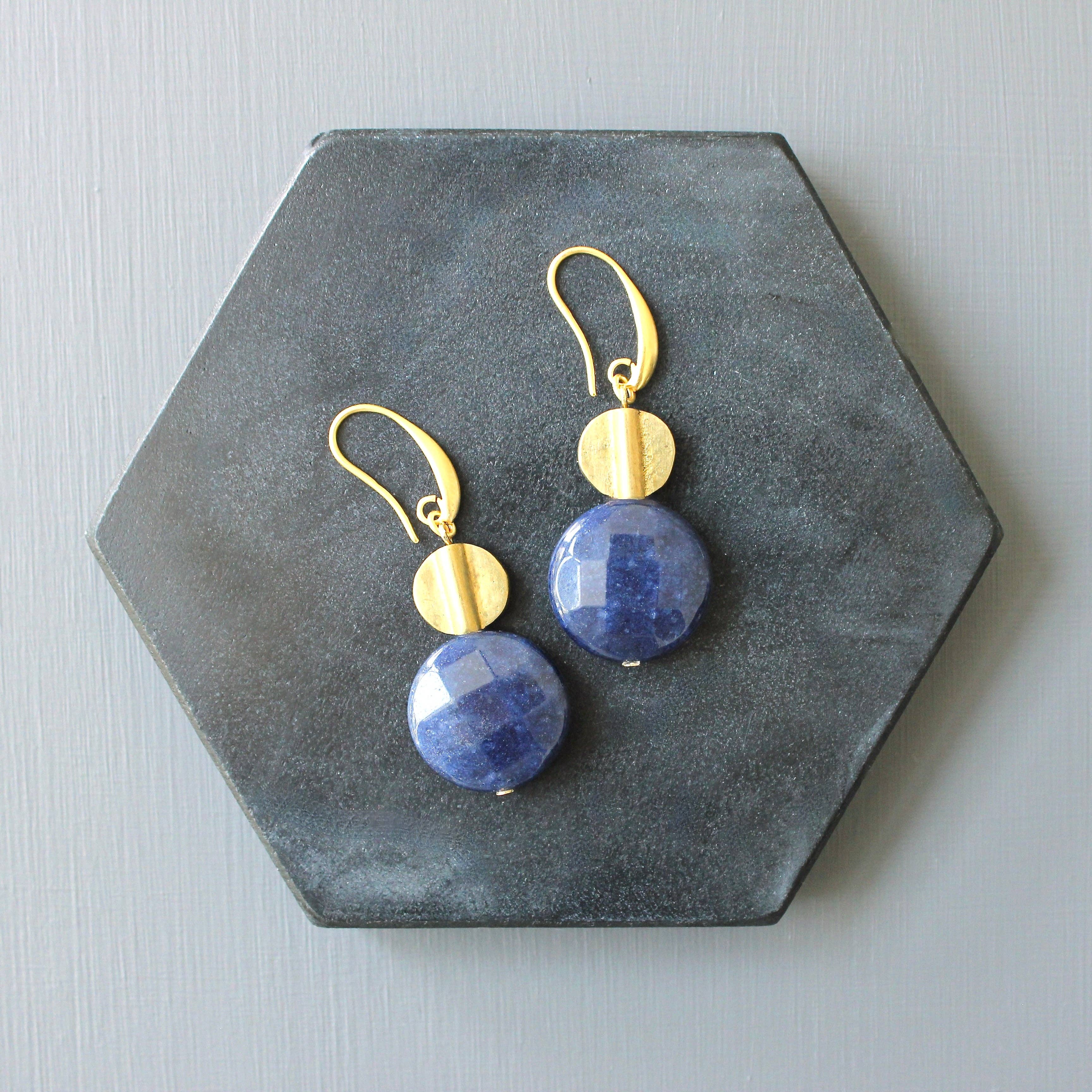 Navy Jade and Brass Earrings