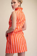 Ruffle Neck Waist Tie Striped Mini Dress