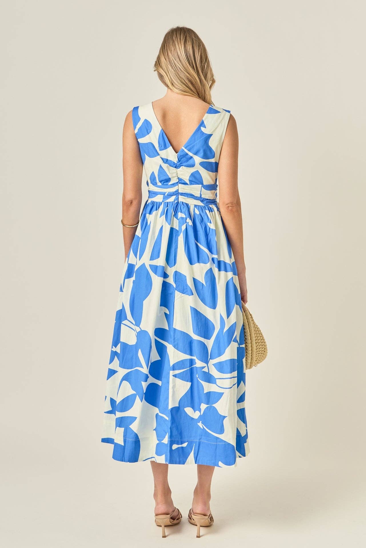 Blue Printed Ruched Midi Dress