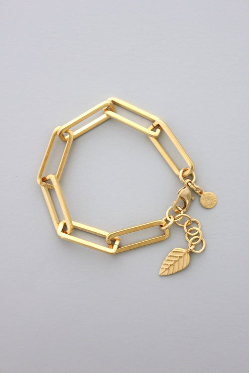 18k Matte Gold Paperclip Chain Bracelet with Gold Leaf charm