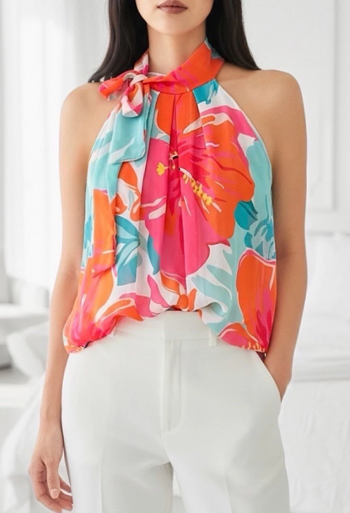 Italian Hibiscus Bow Halter Blouse
