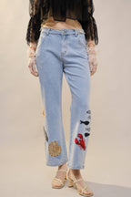 Ocean Embroidered Straight Leg Jeans