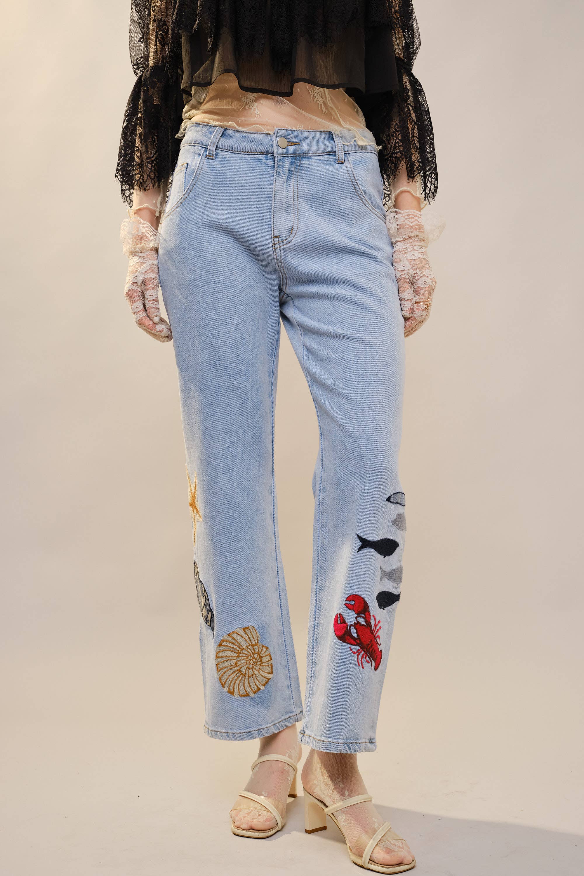Ocean Embroidered Straight Leg Jeans
