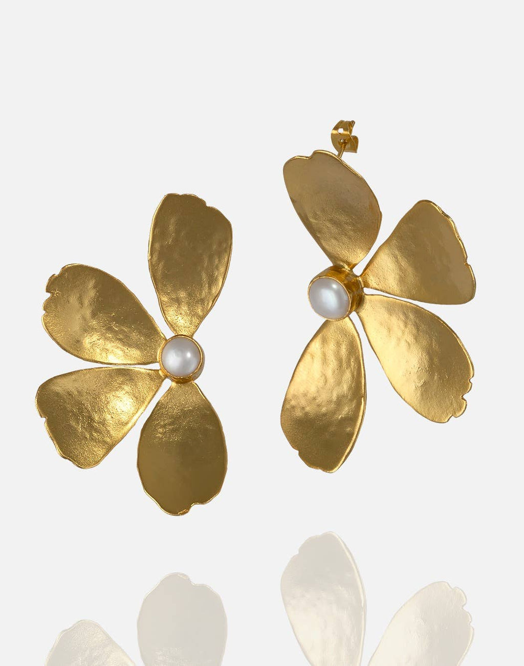 Large Gold Flower Earrings with Pearl