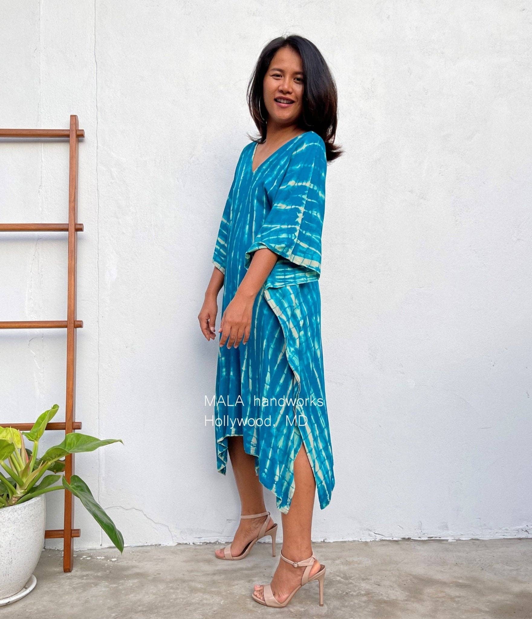 Fiona Midi Blue Teal Tie Dye Kaftan