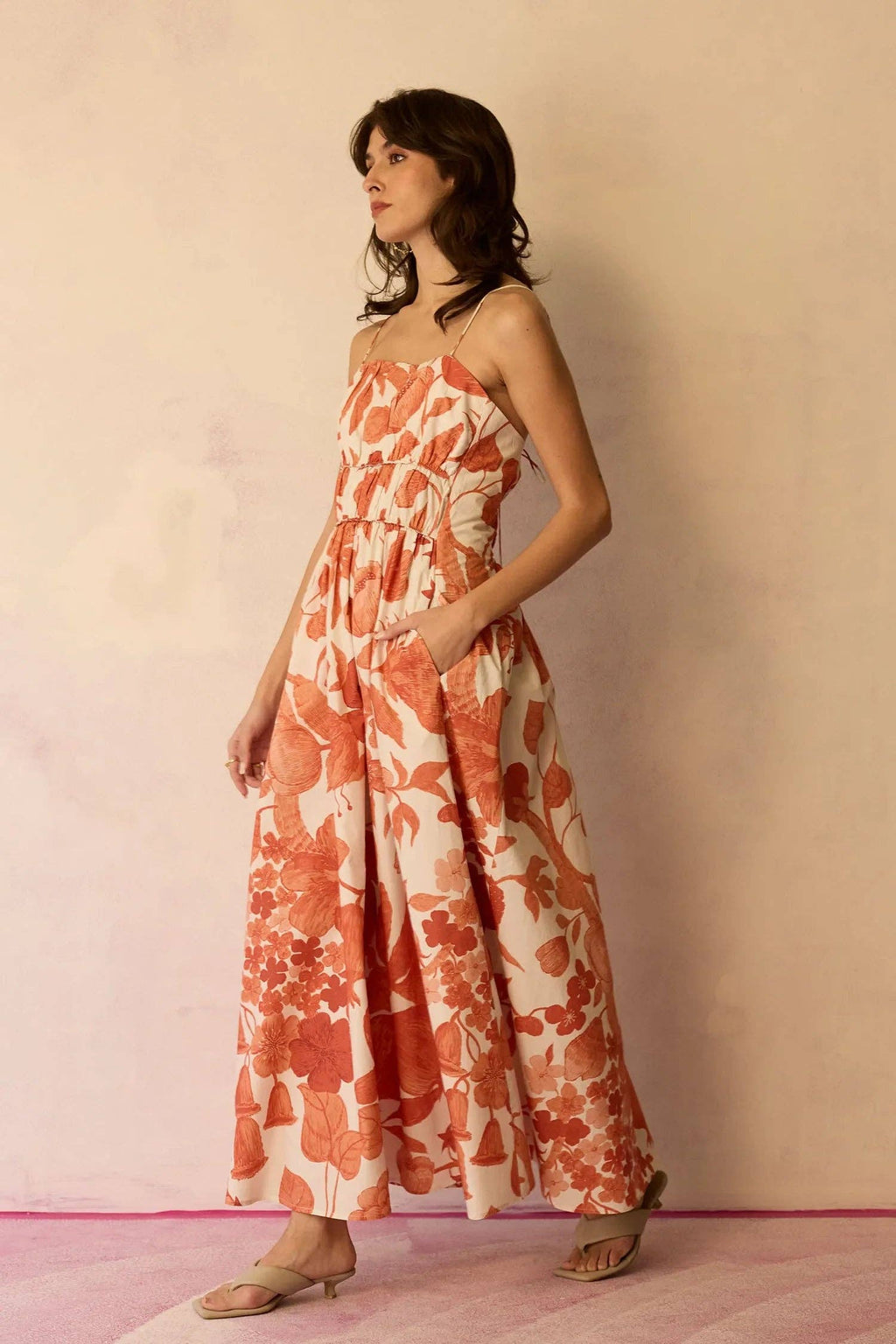 Hibiscus Smocked Maxi Dress - Coral