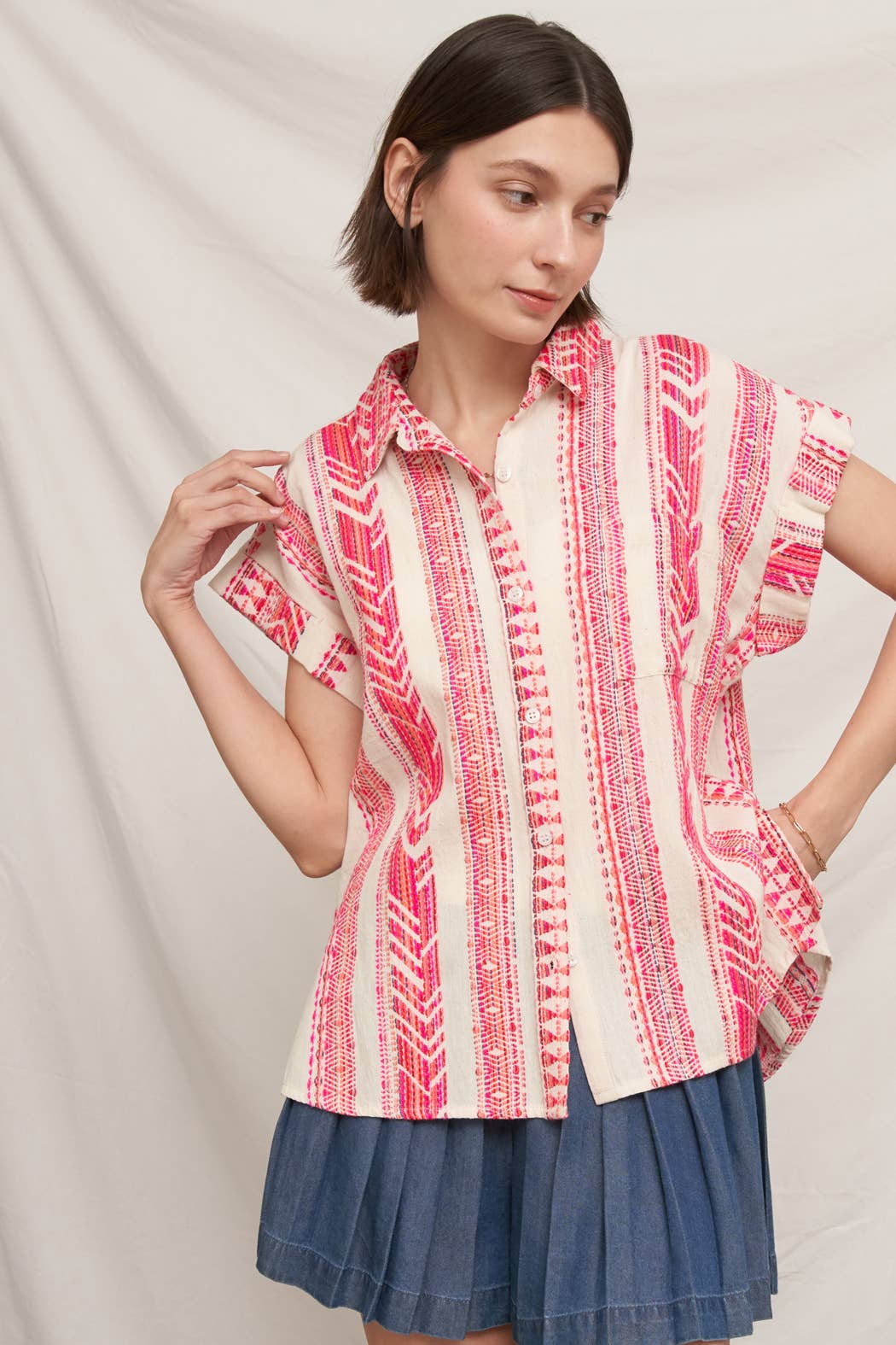 Ivory and Pink Embroidered Button Down