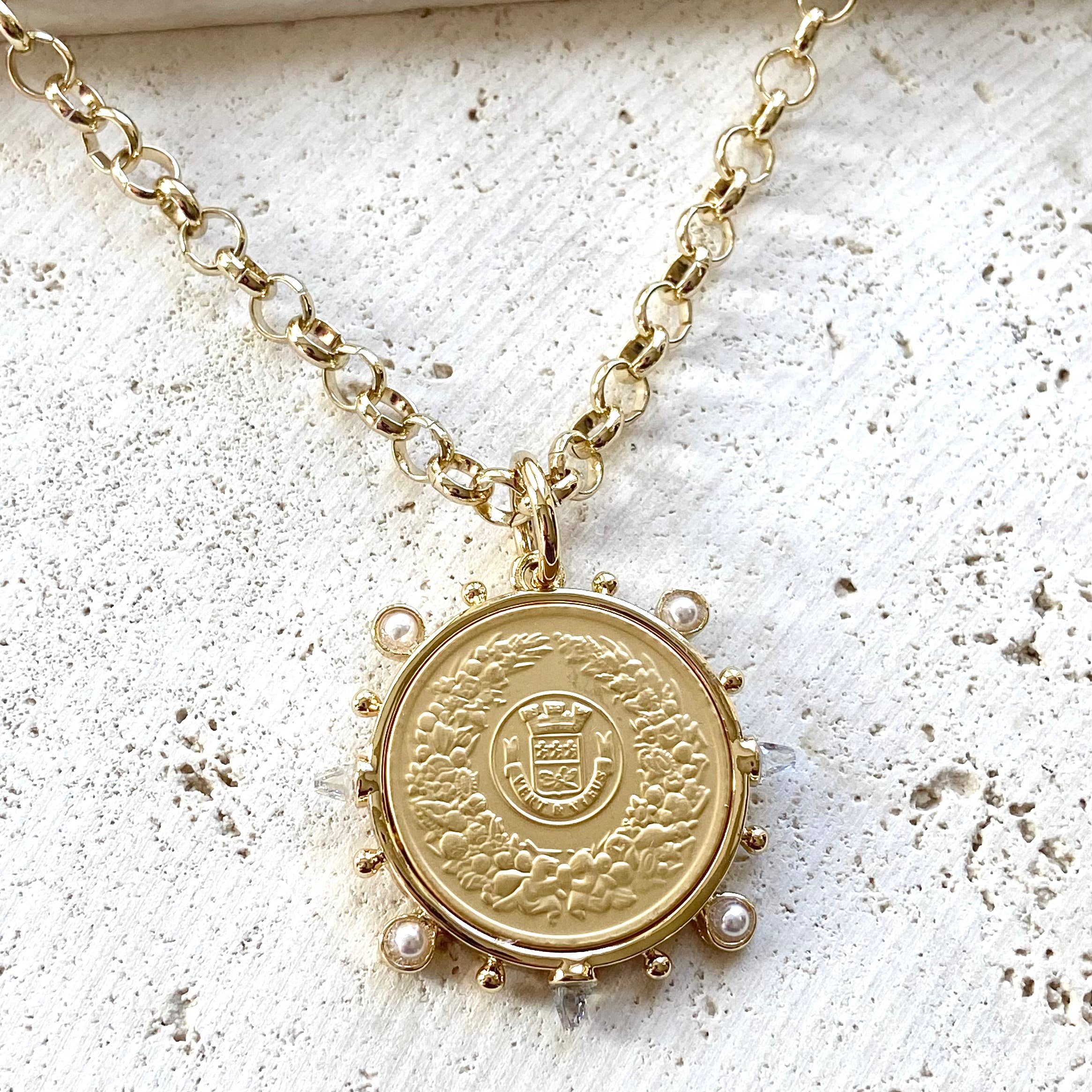 French Coin Aqua Spikes Necklace