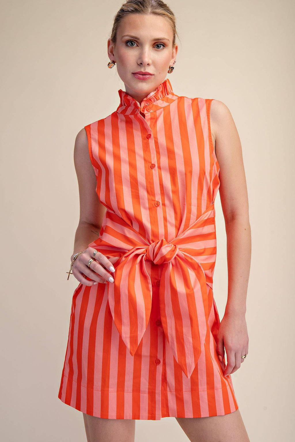Ruffle Neck Waist Tie Striped Mini Dress