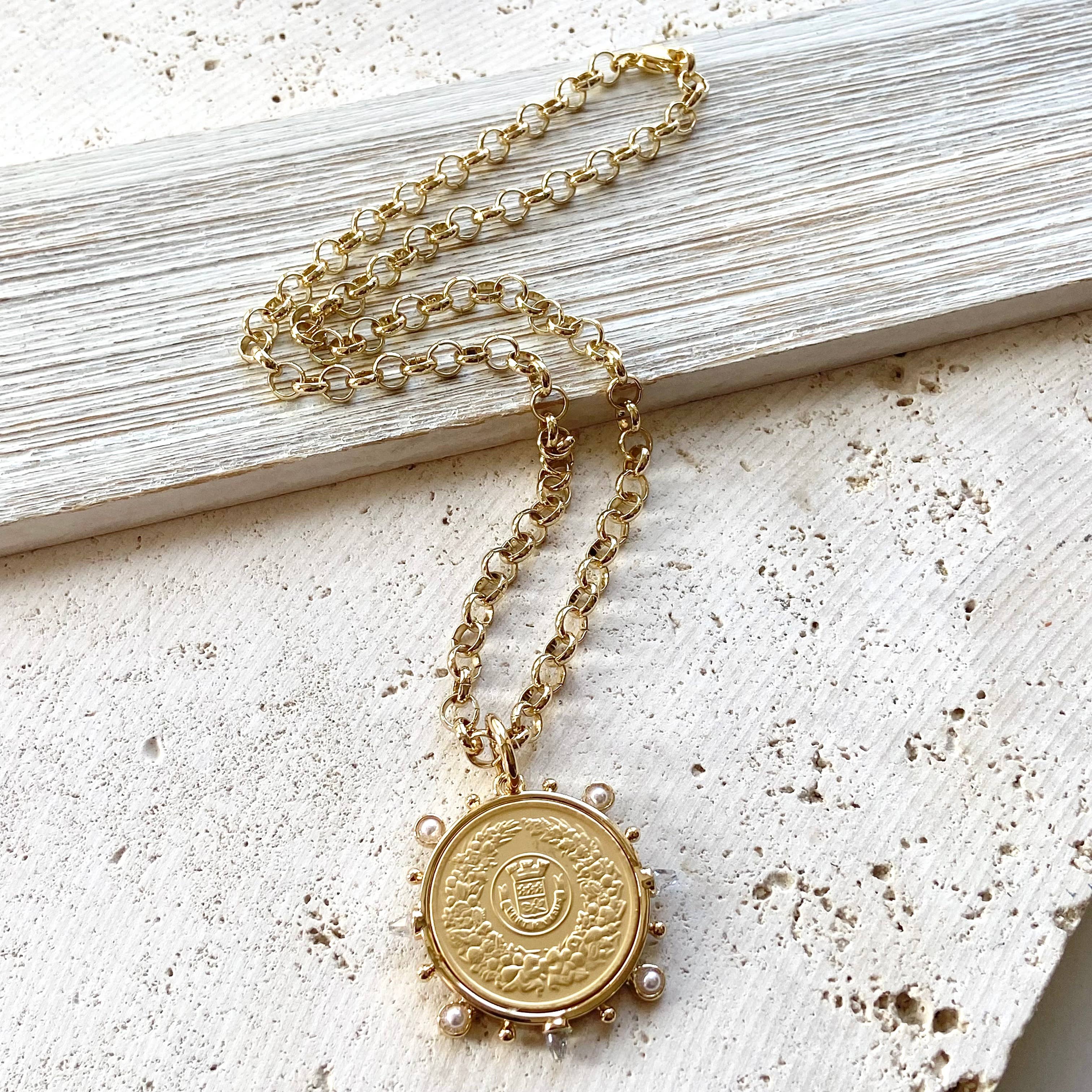 French Coin Aqua Spikes Necklace