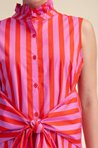 Ruffle Neck Waist Tie Striped Mini Dress