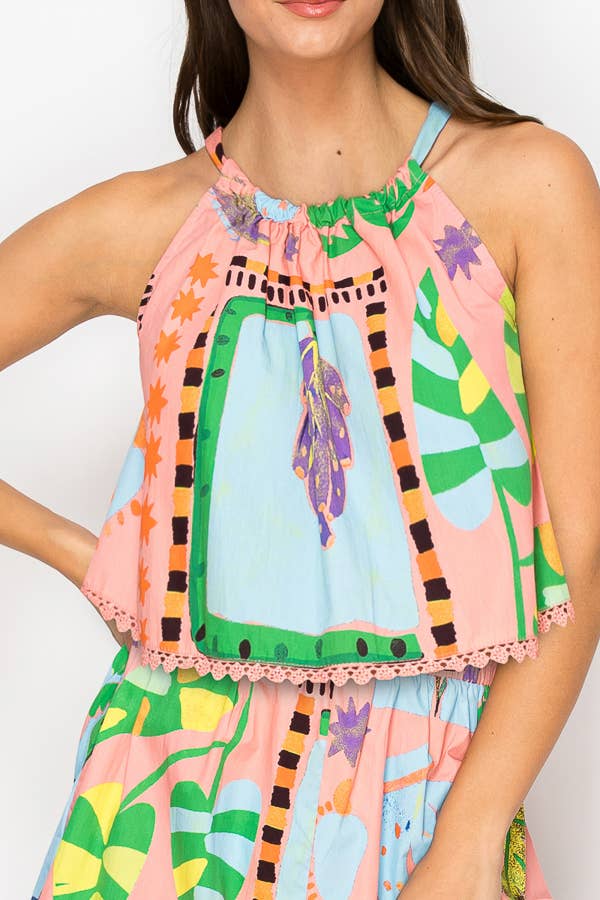 Coral Retro Tropical Print Top