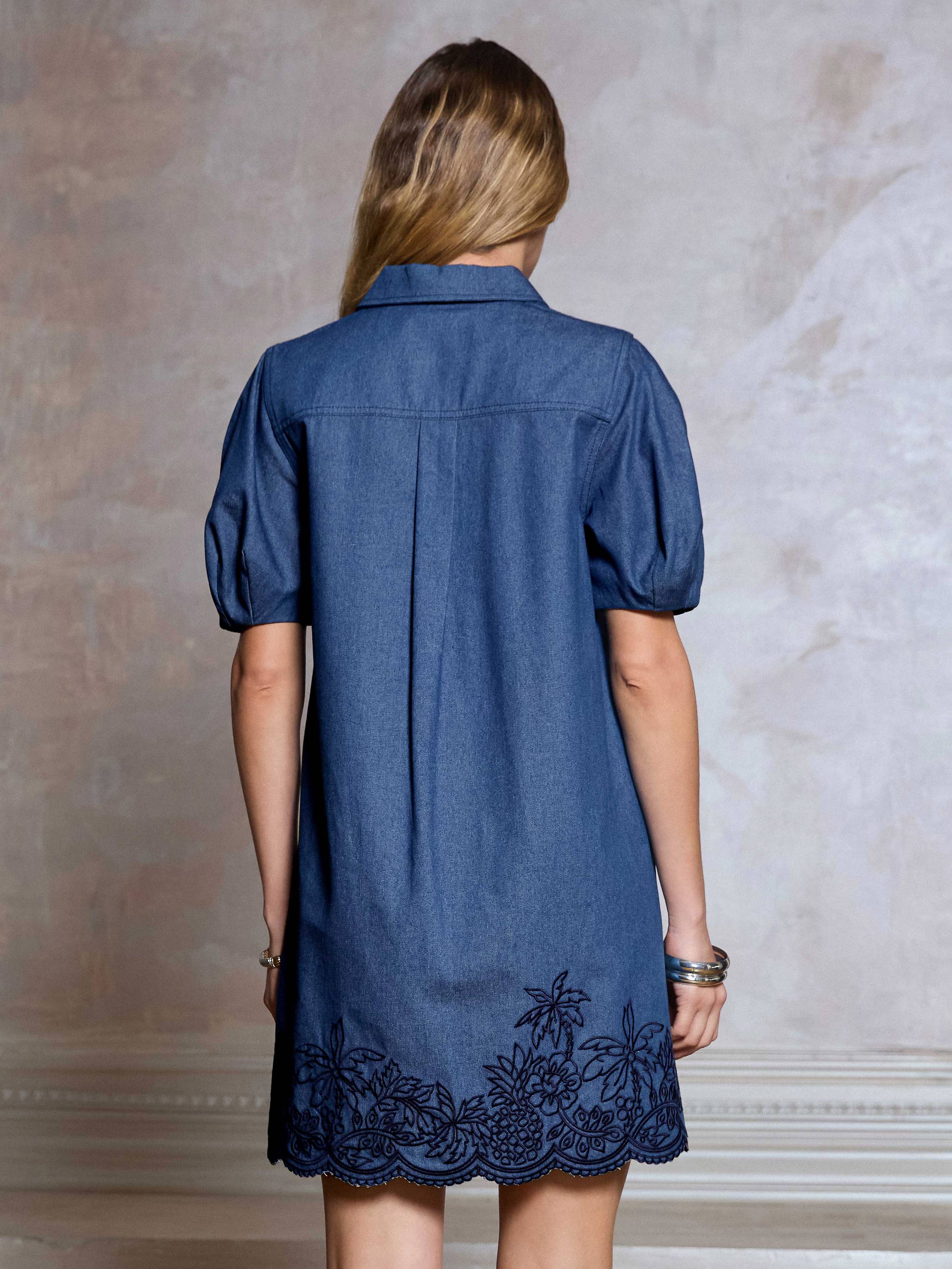 Denim Embroidered Shift Mini Dress