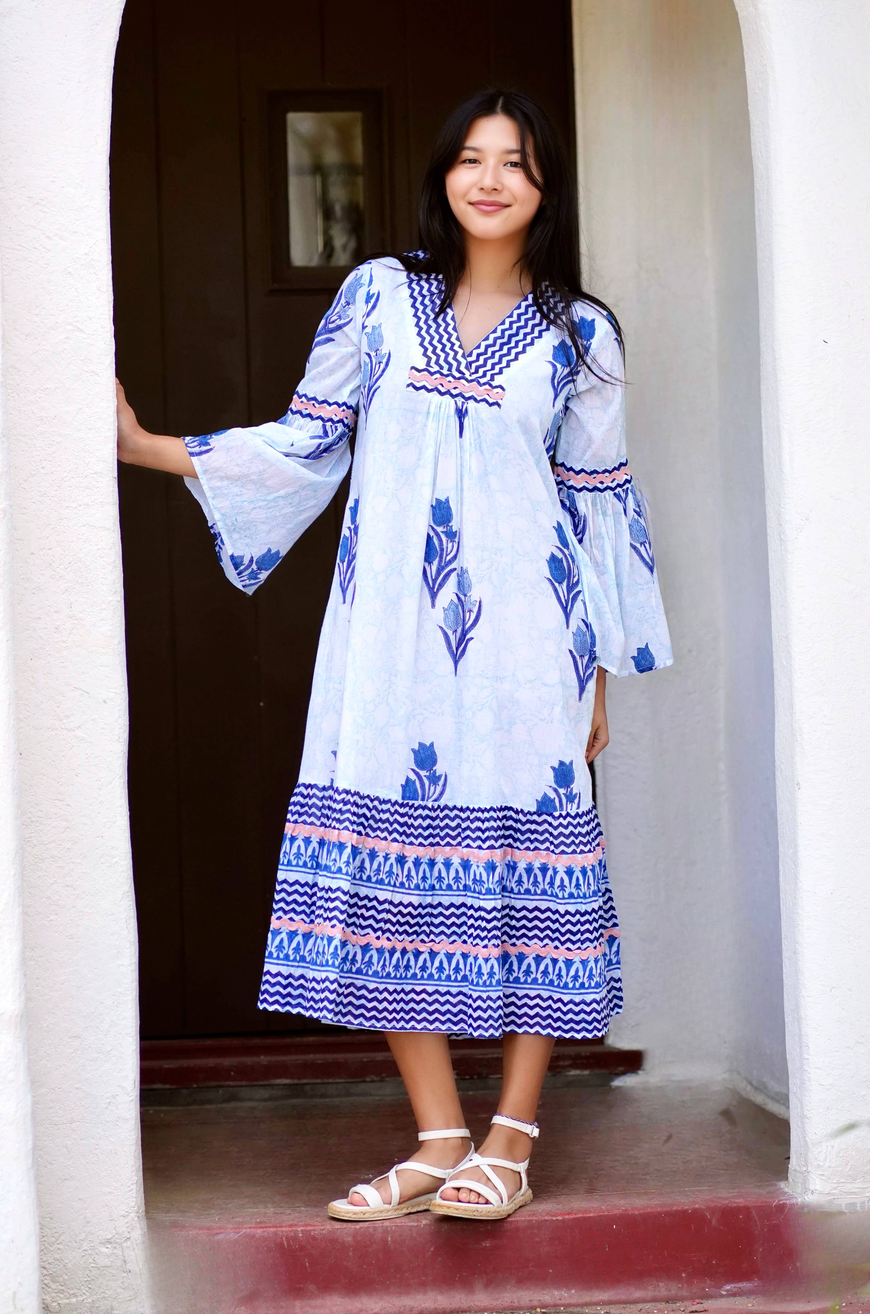 Hand-Block Printed Floral Dress