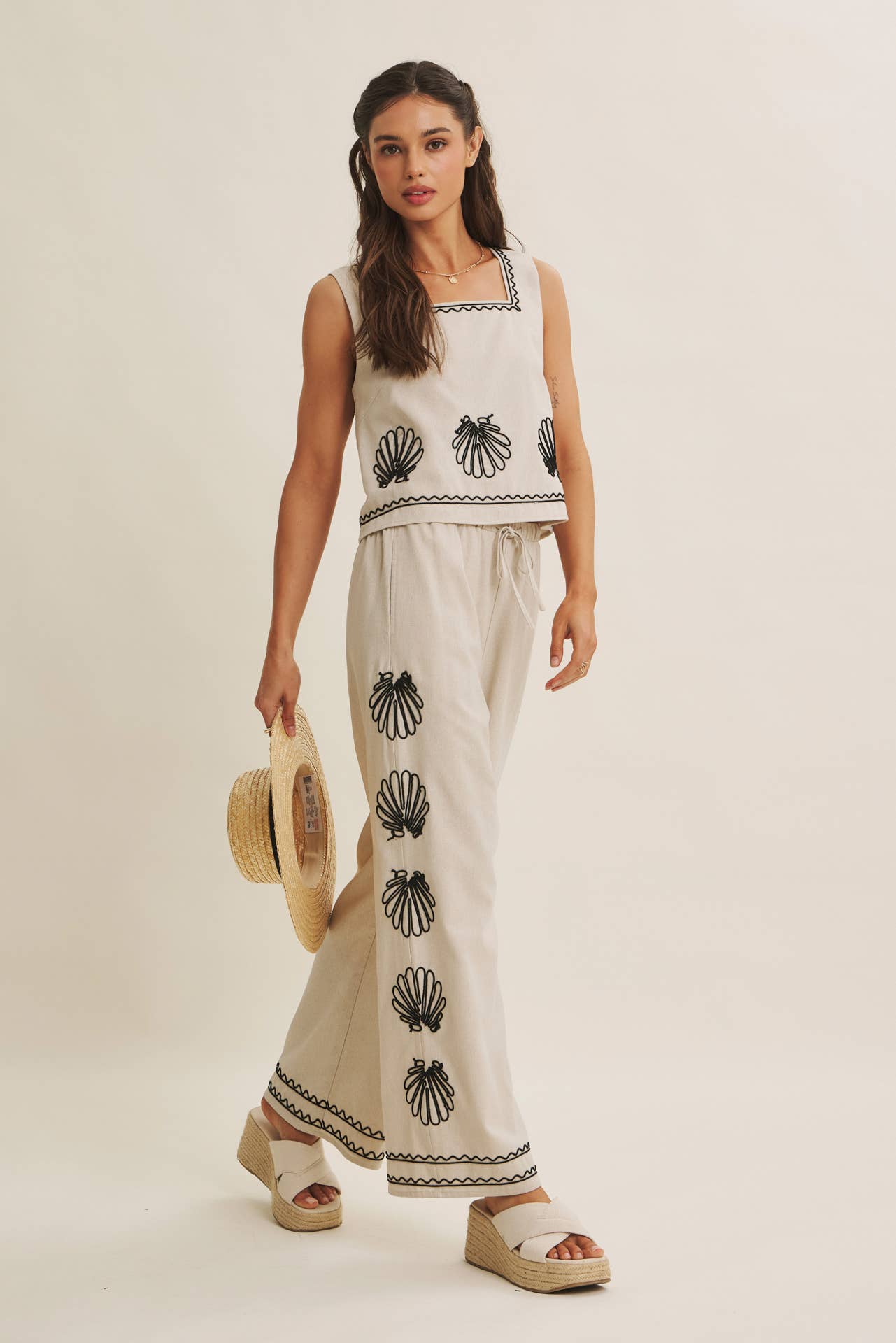 Seashell Embroidered Square Neck Top
