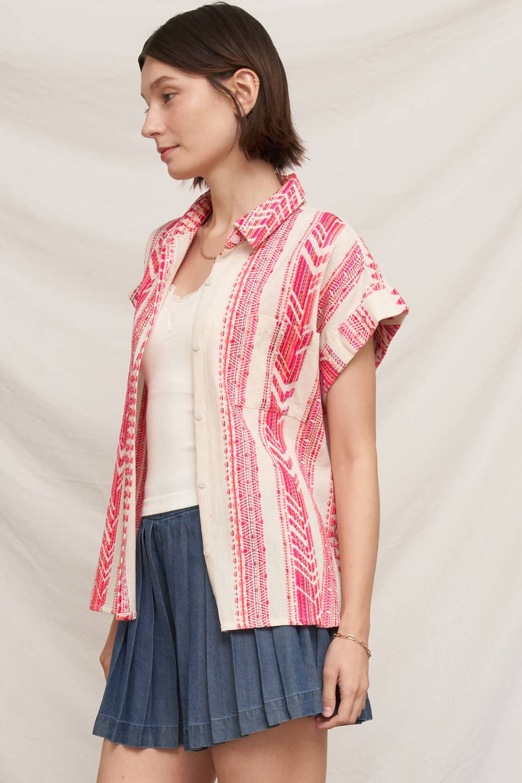Ivory and Pink Embroidered Button Down