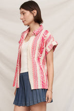 Ivory and Pink Embroidered Button Down