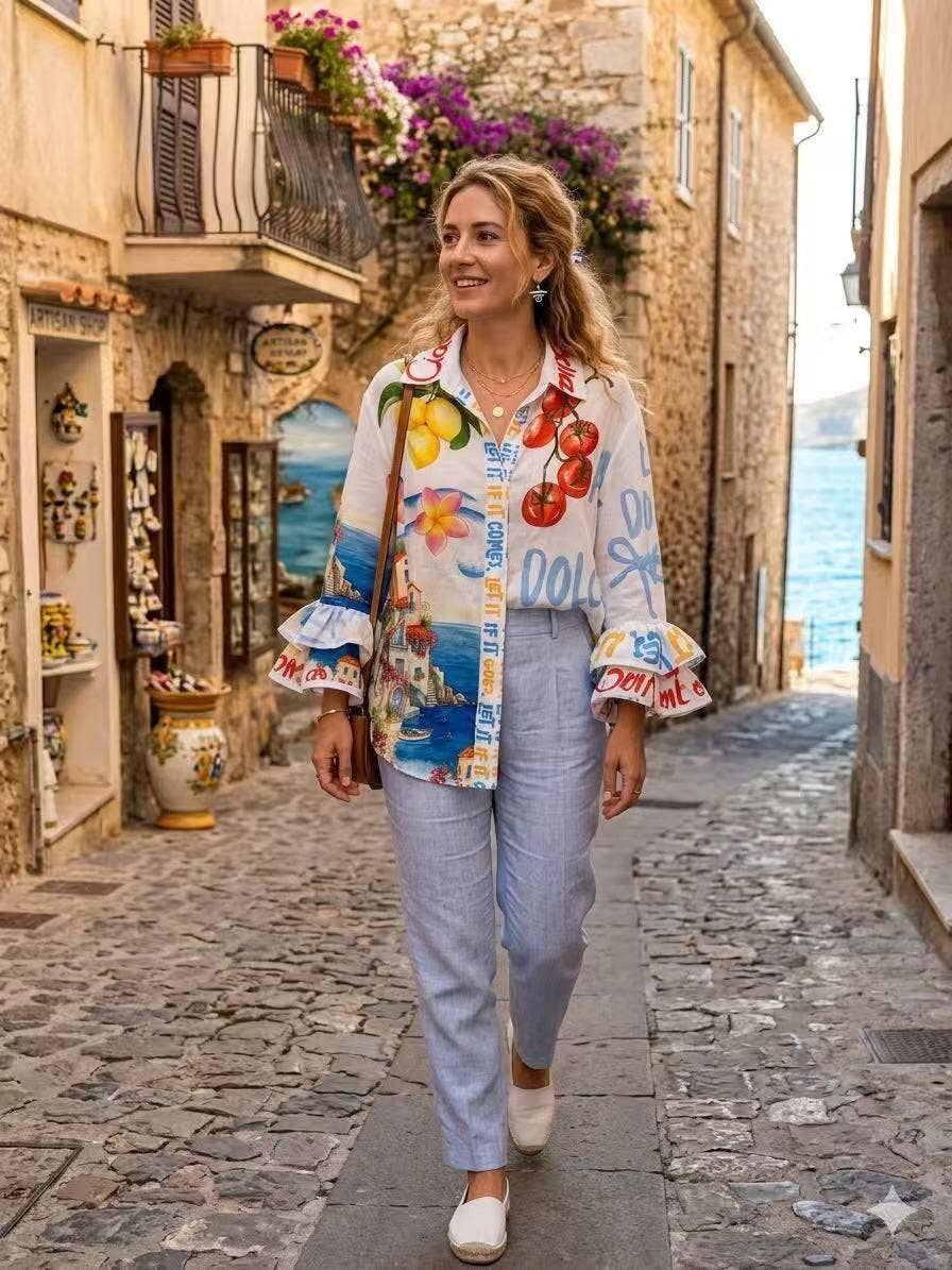 Mixed Floral Ruffle Bell Sleeve Top