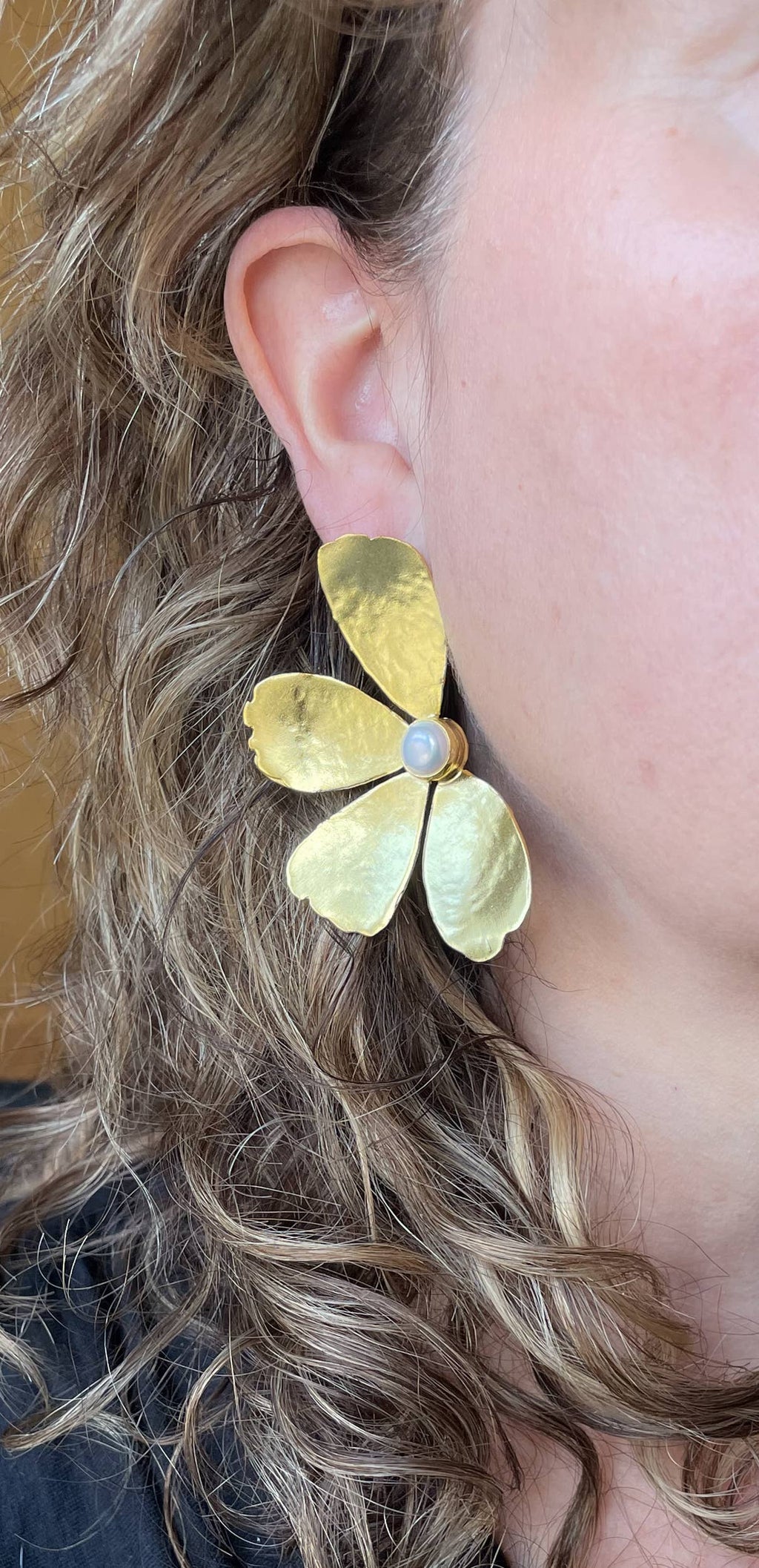 Large Gold Flower Earrings with Pearl