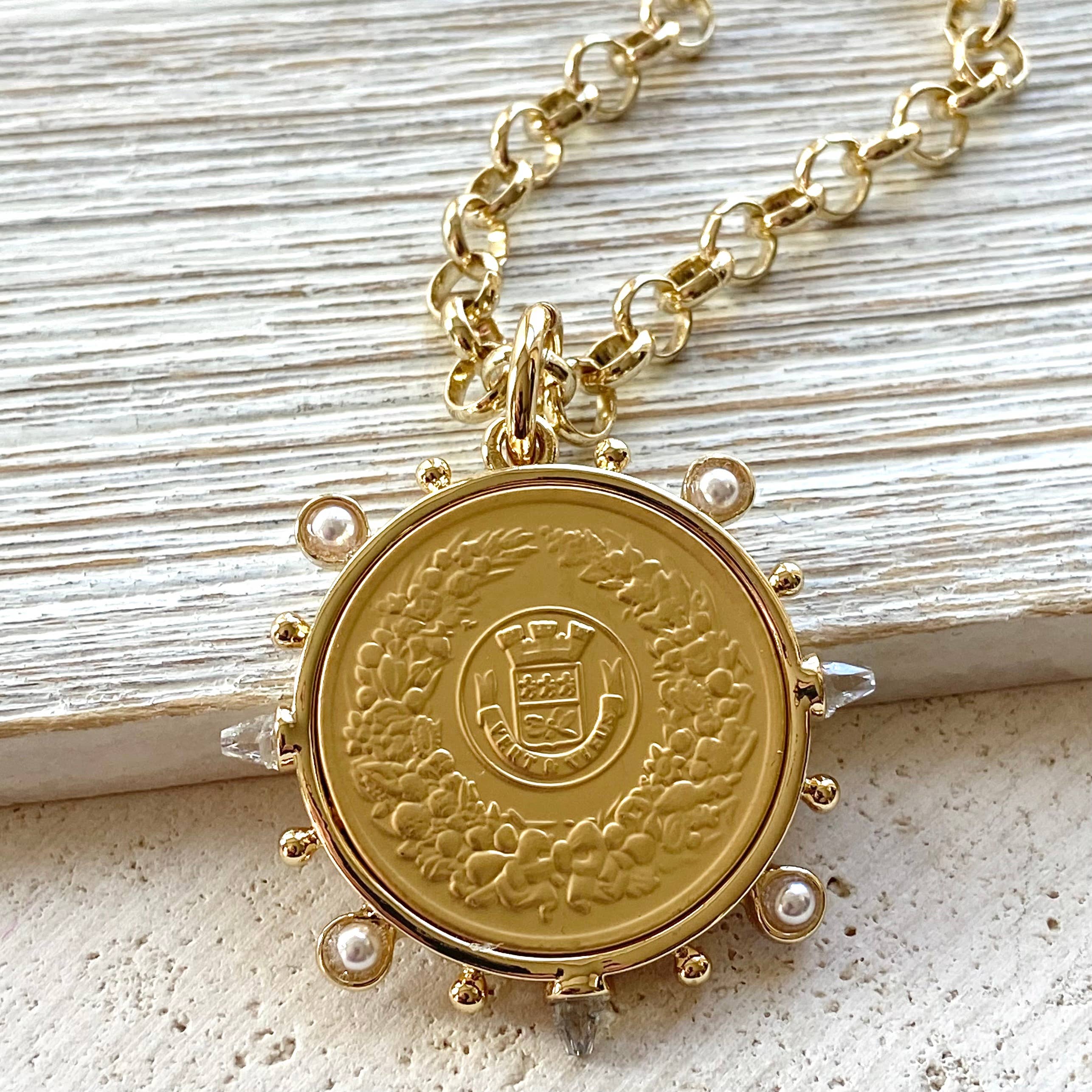 French Coin Aqua Spikes Necklace