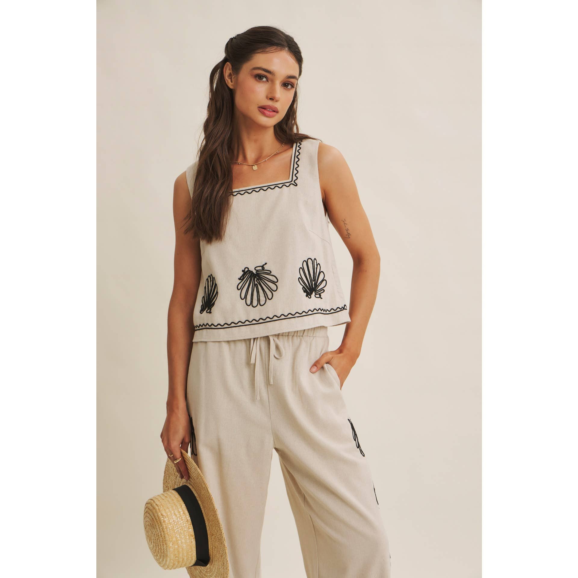 Seashell Embroidered Square Neck Top