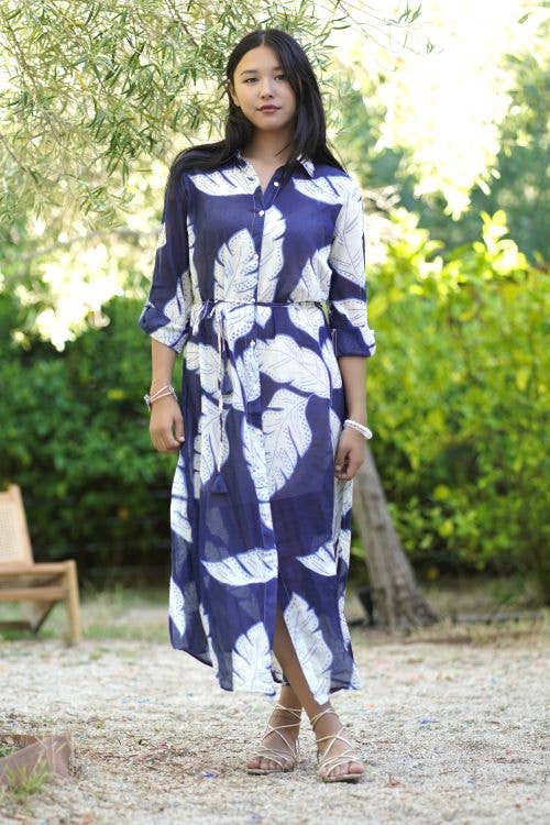 Reine Navy Leaves Shirt Dress