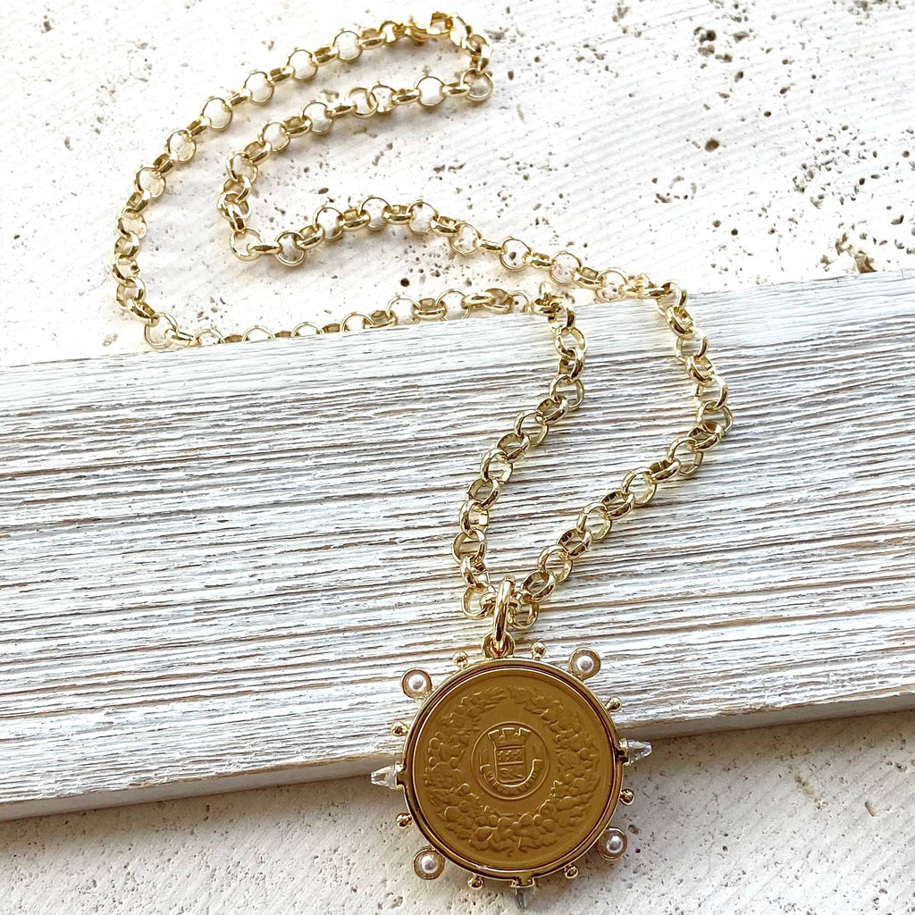French Coin Aqua Spikes Necklace