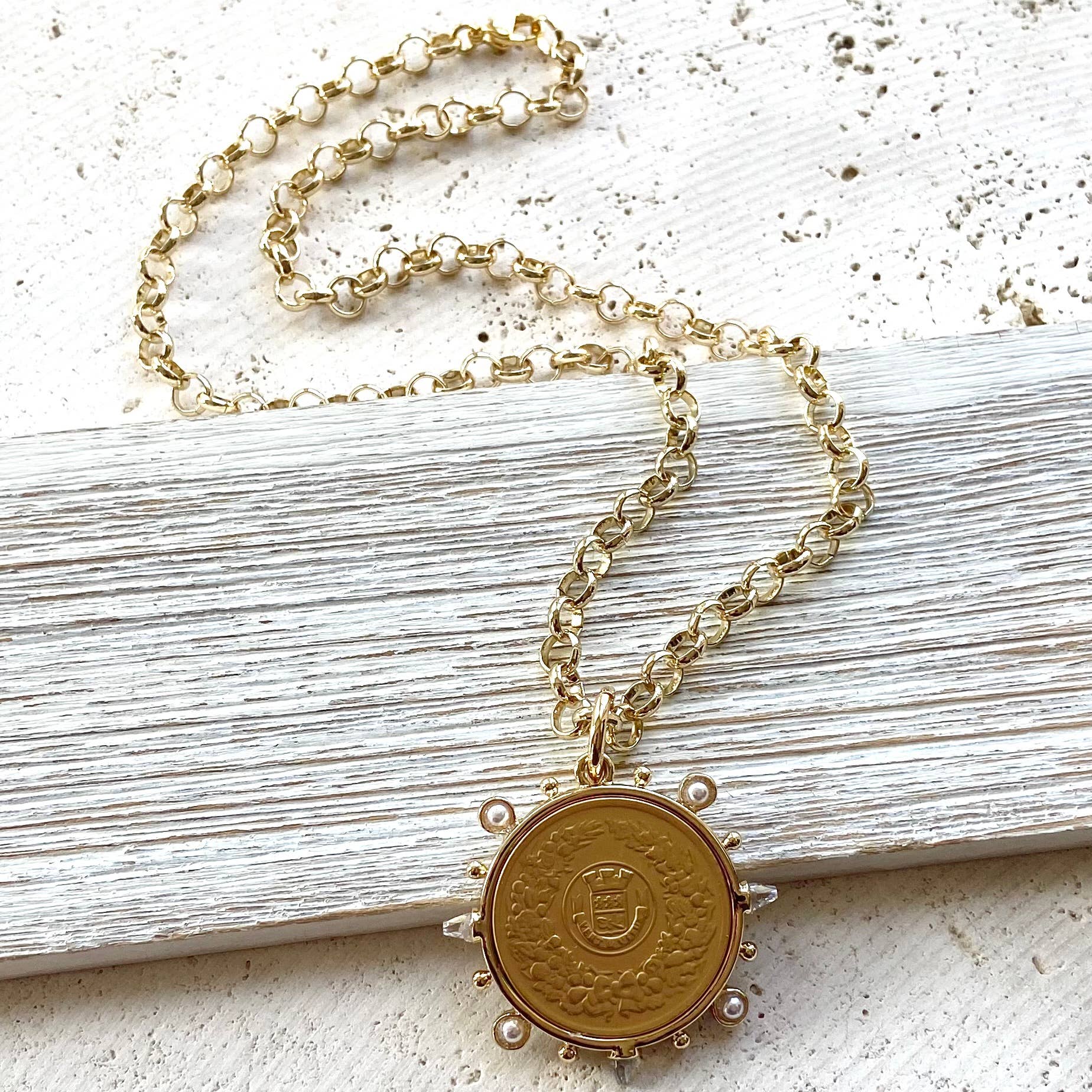 French Coin Aqua Spikes Necklace
