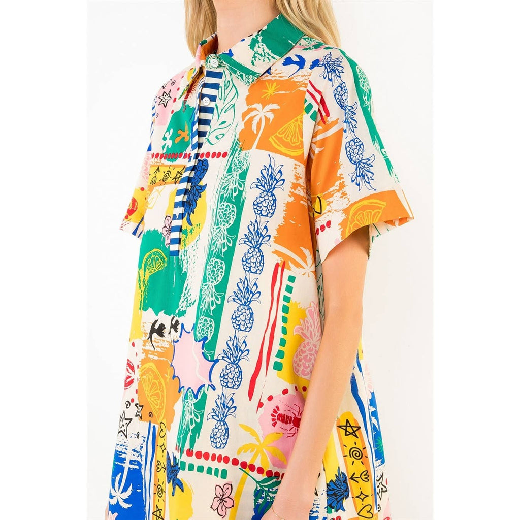 Tropical Patterned Short Sleeve Dress