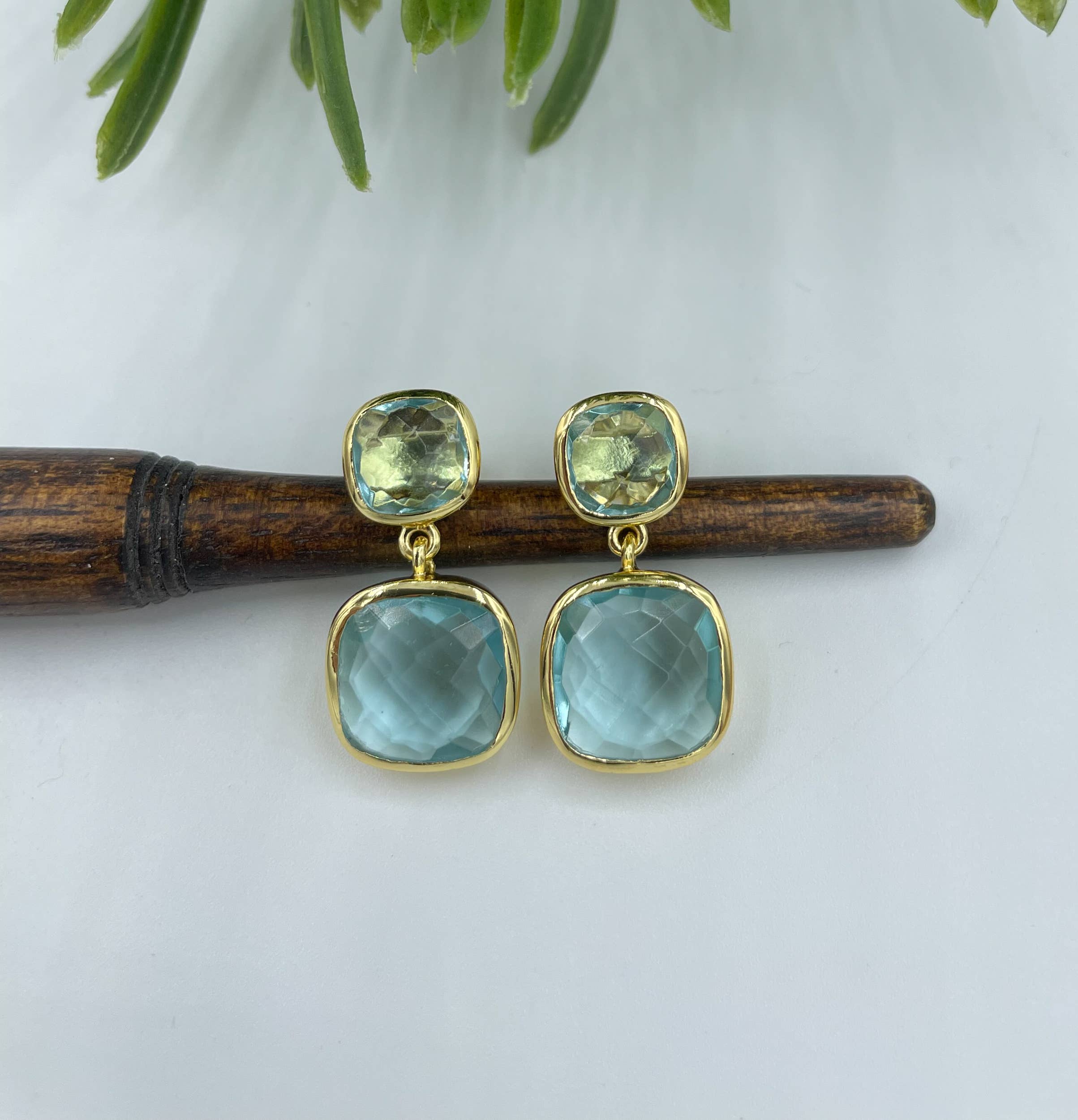 Cushion Cut Double Drop Blue Topaz Earrings