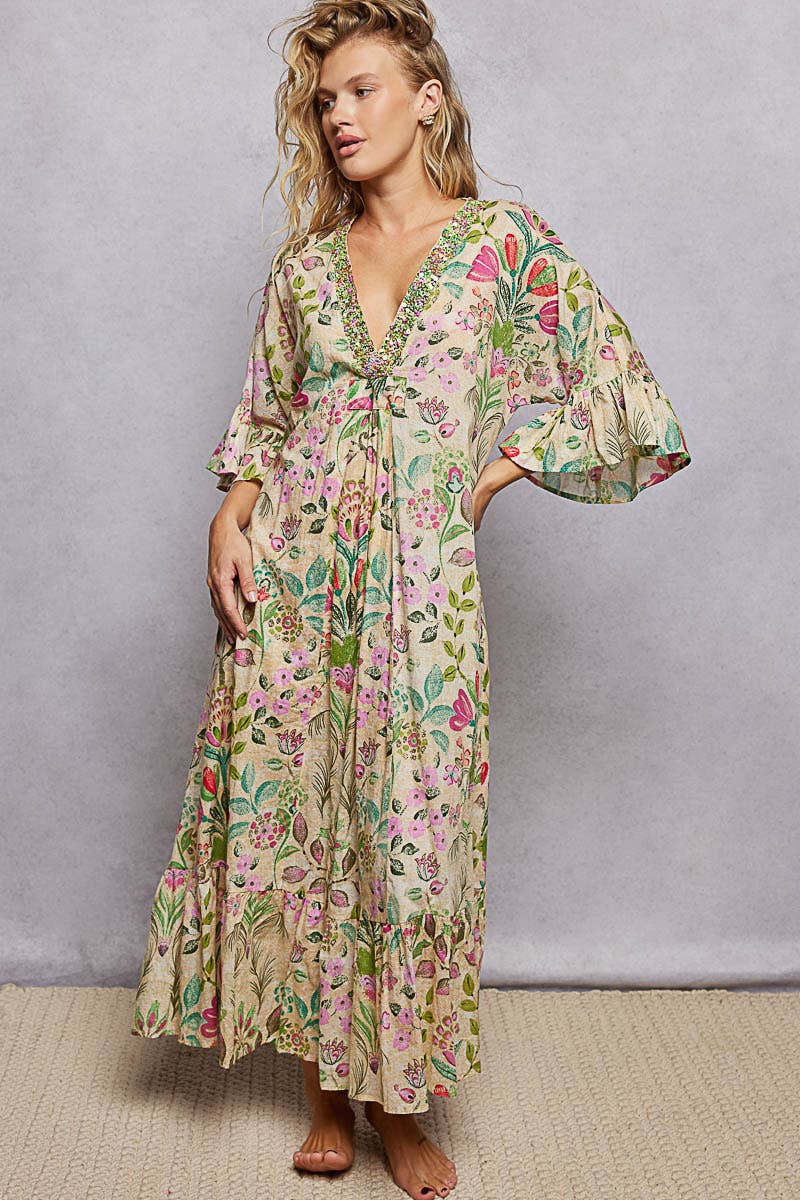 Deep V-Neck Beaded Maxi Dress