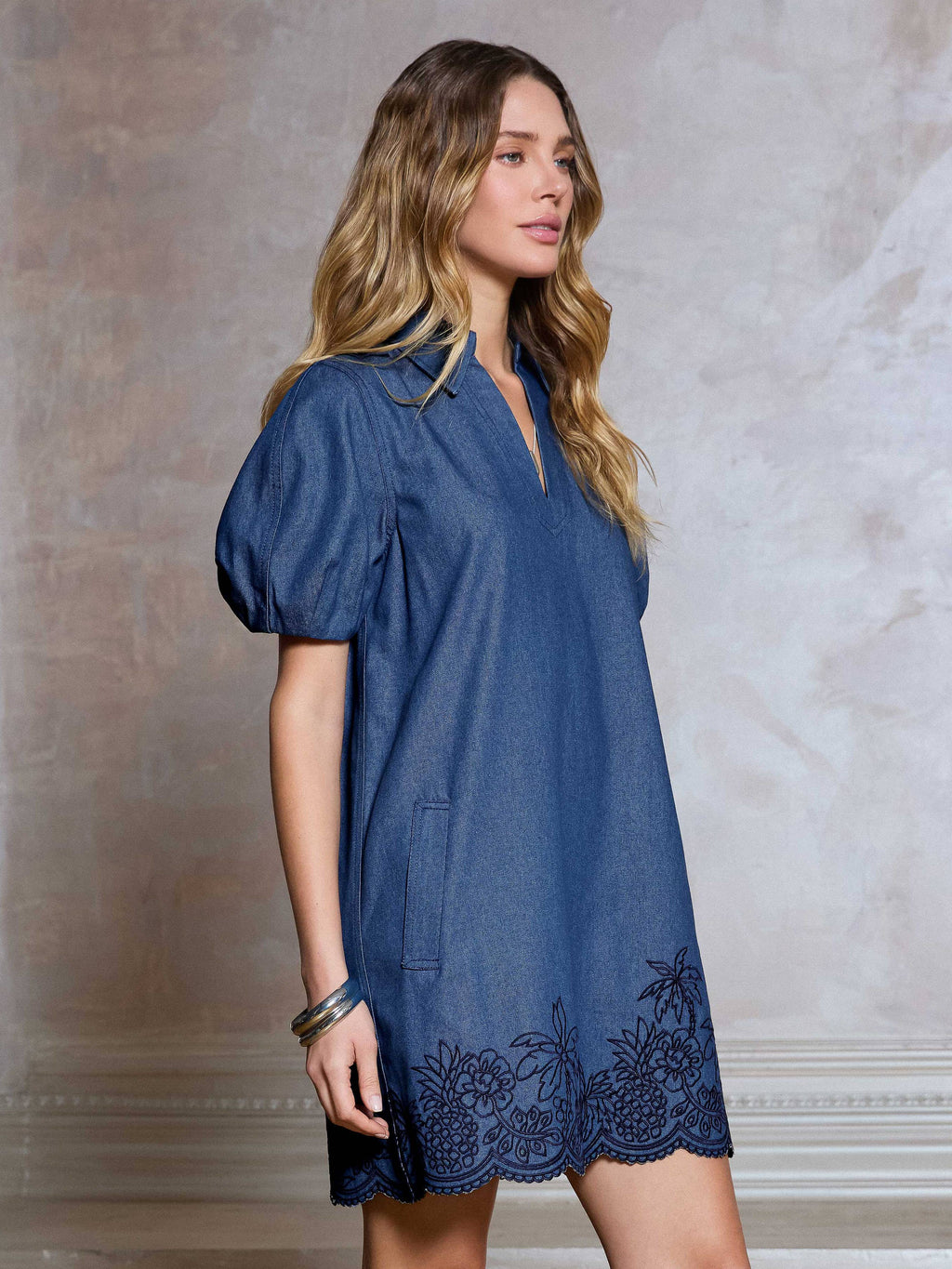 Denim Embroidered Shift Mini Dress