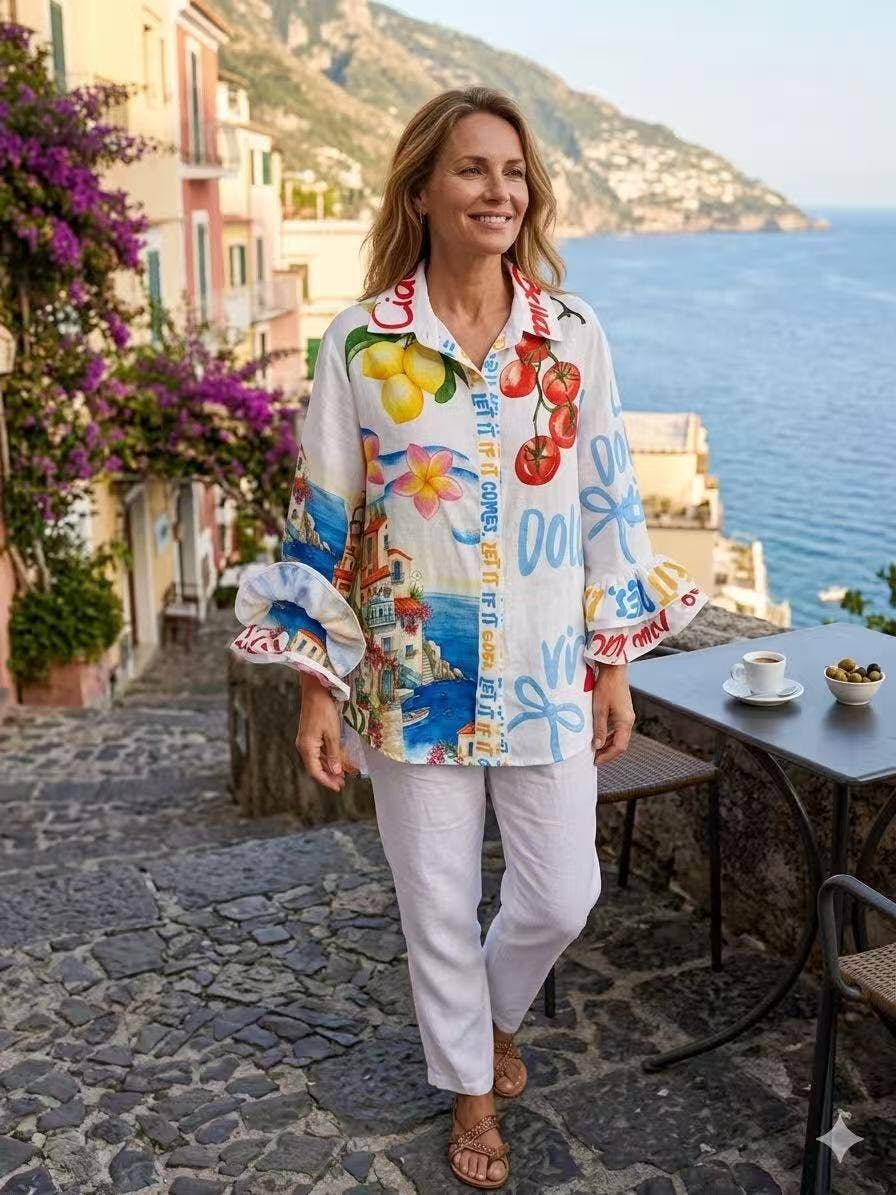 Mixed Floral Ruffle Bell Sleeve Top