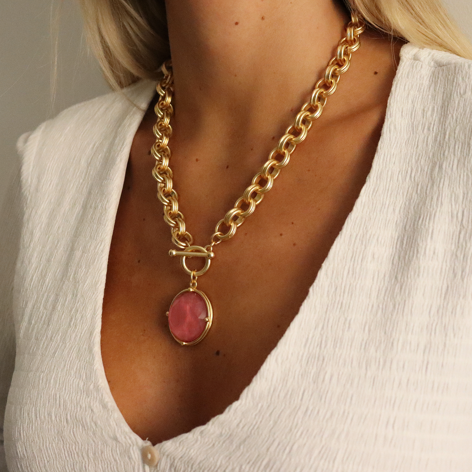 Cabochon 24K Gold Plated Pendant Necklace