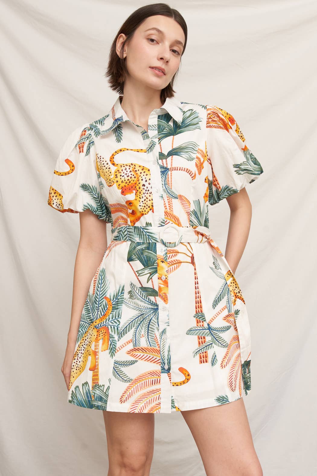 Jungle Puff Sleeve Belted Mini Dress