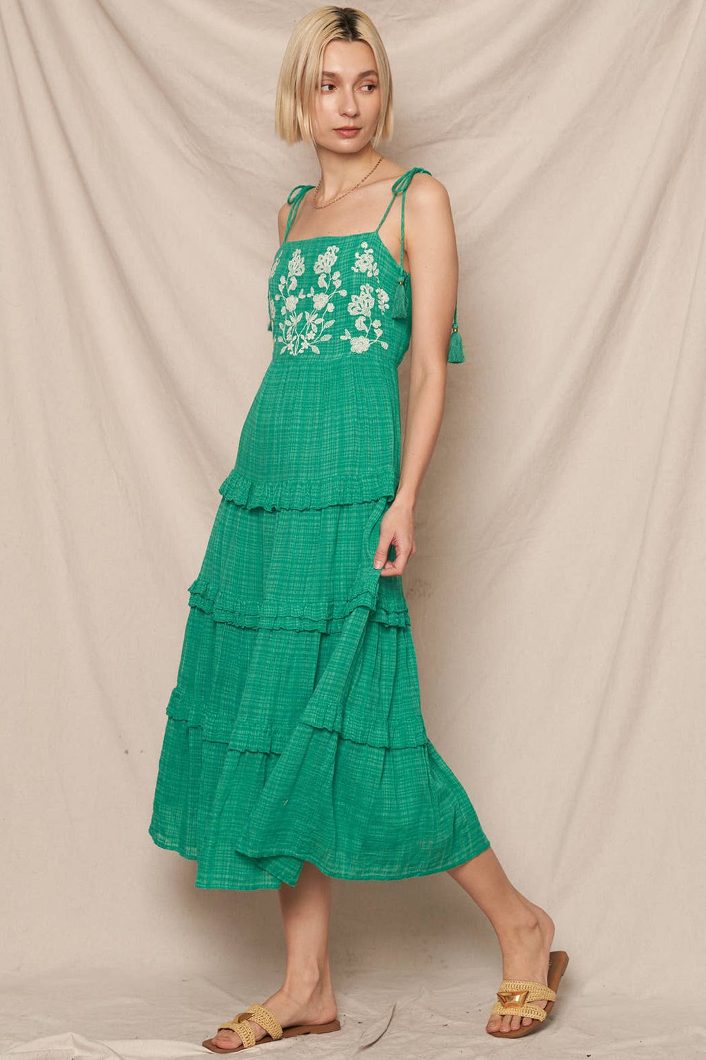 Green Embroidered Midi Dress