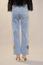 Ocean Embroidered Straight Leg Jeans