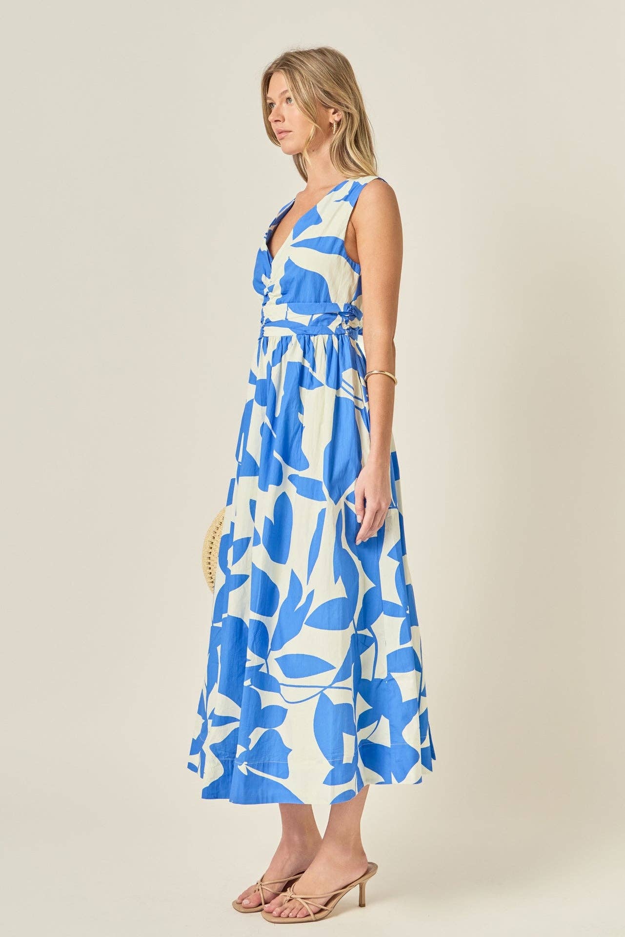 Blue Printed Ruched Midi Dress