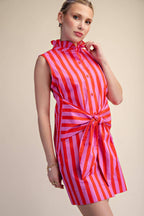 Ruffle Neck Waist Tie Striped Mini Dress