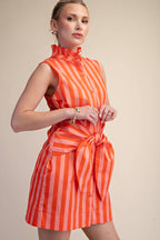Ruffle Neck Waist Tie Striped Mini Dress
