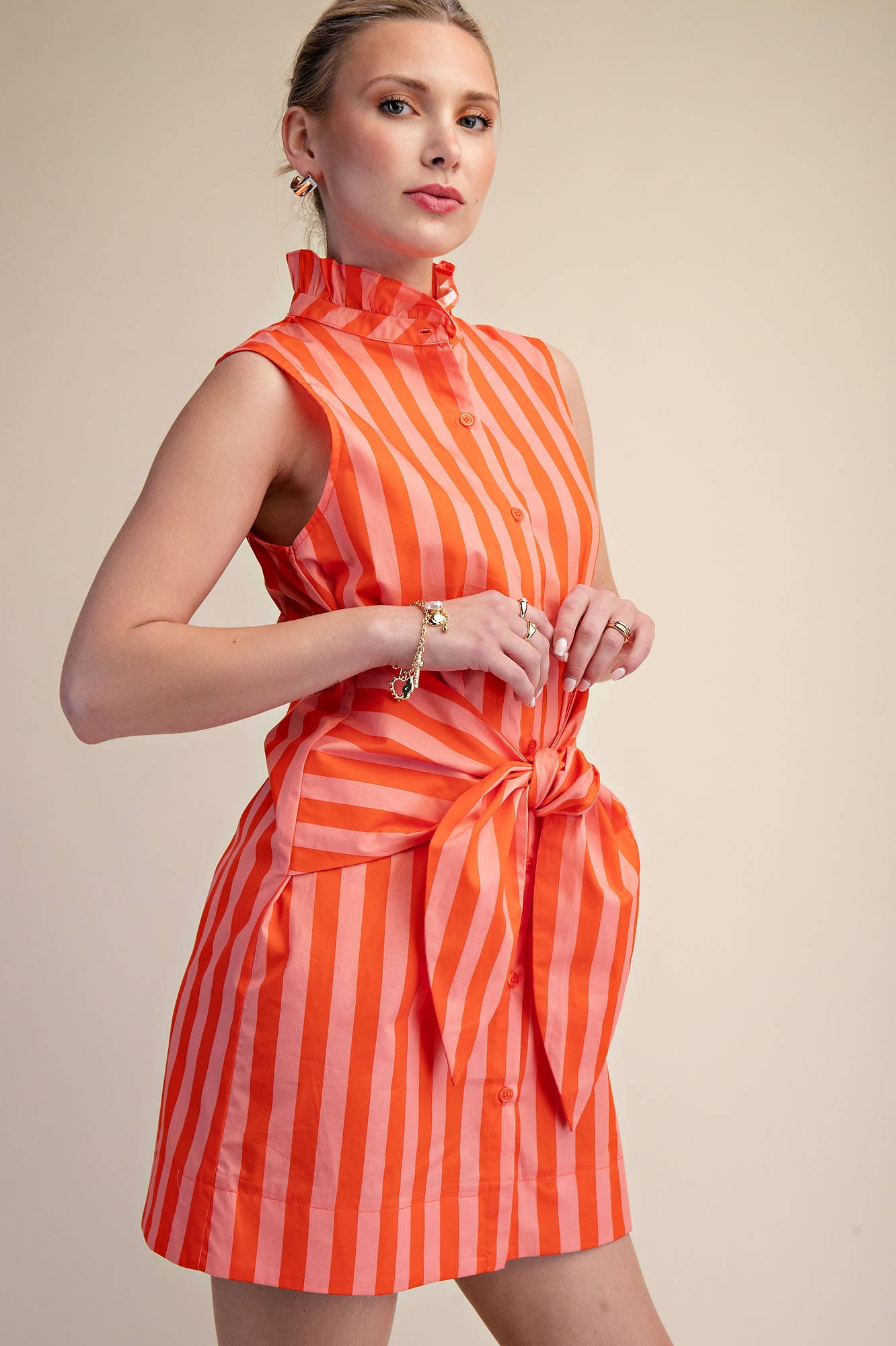 Ruffle Neck Waist Tie Striped Mini Dress