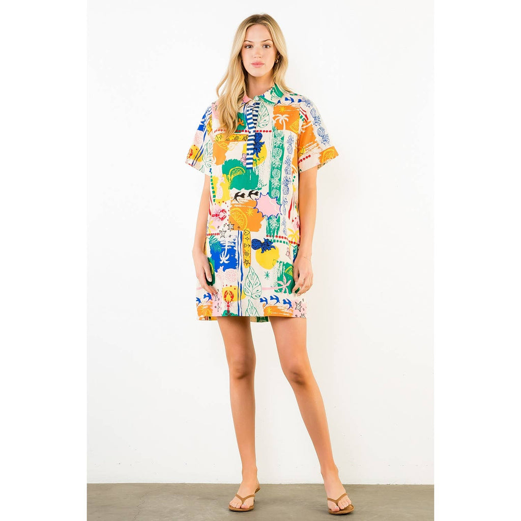 Tropical Patterned Short Sleeve Dress