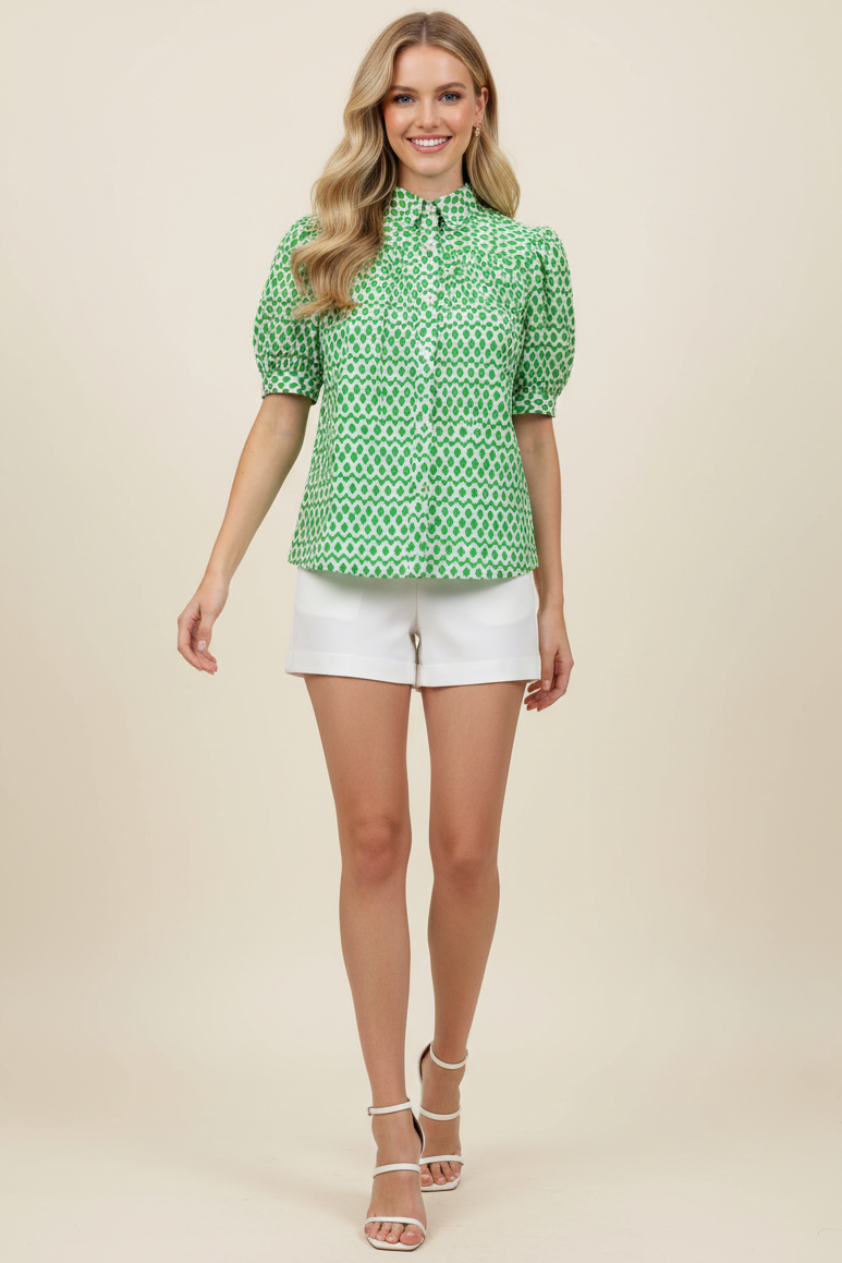 Geometric Print Button Down Blouse