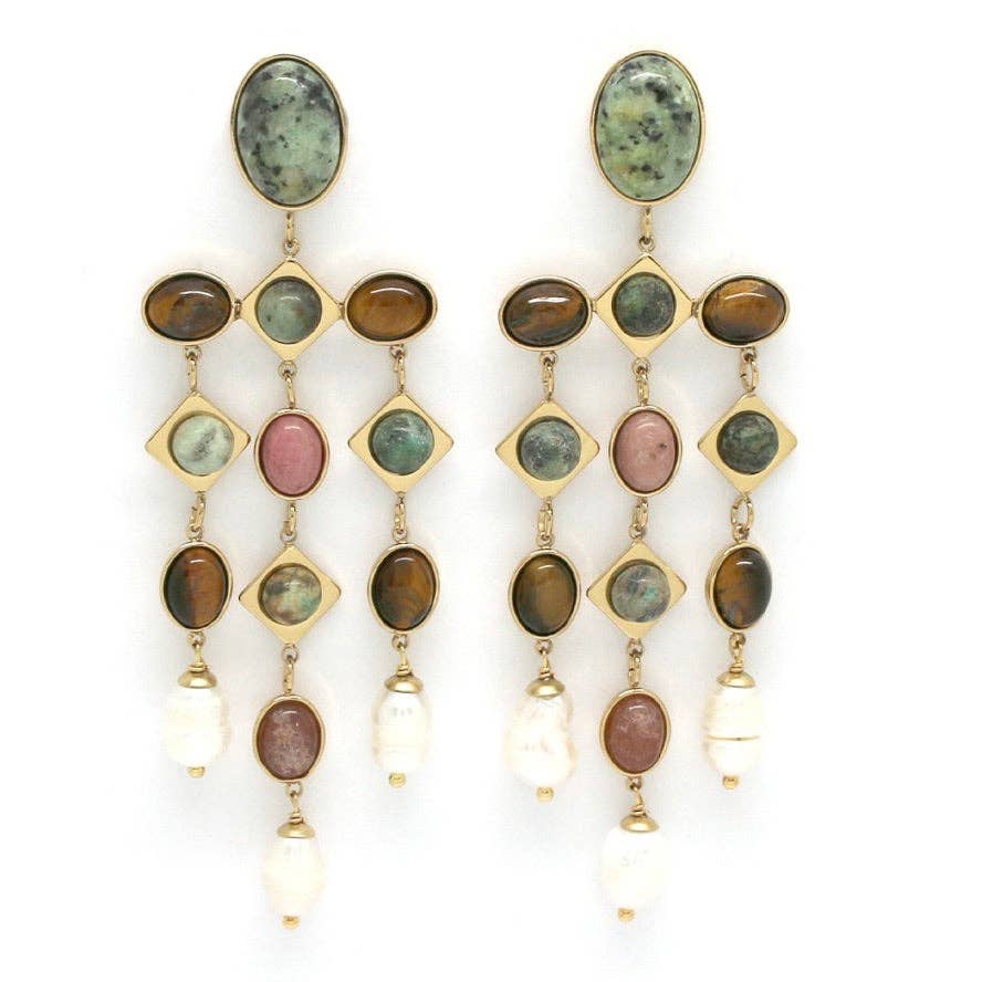 African Turquoise Pearl Mix Chandelier Earrings