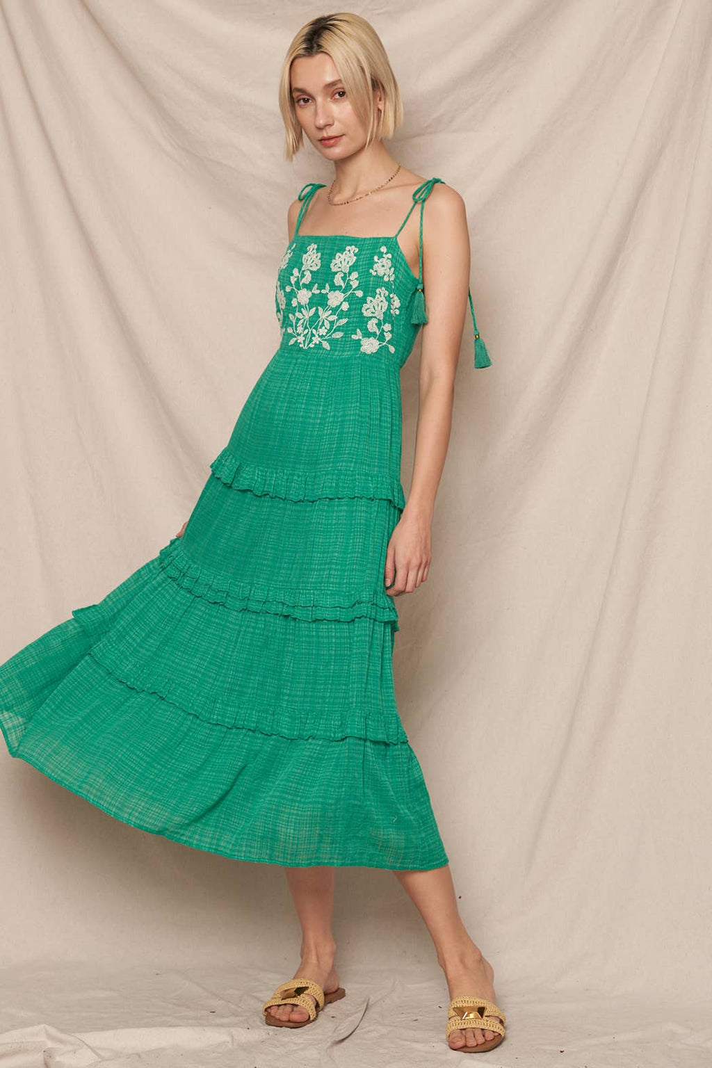 Green Embroidered Midi Dress