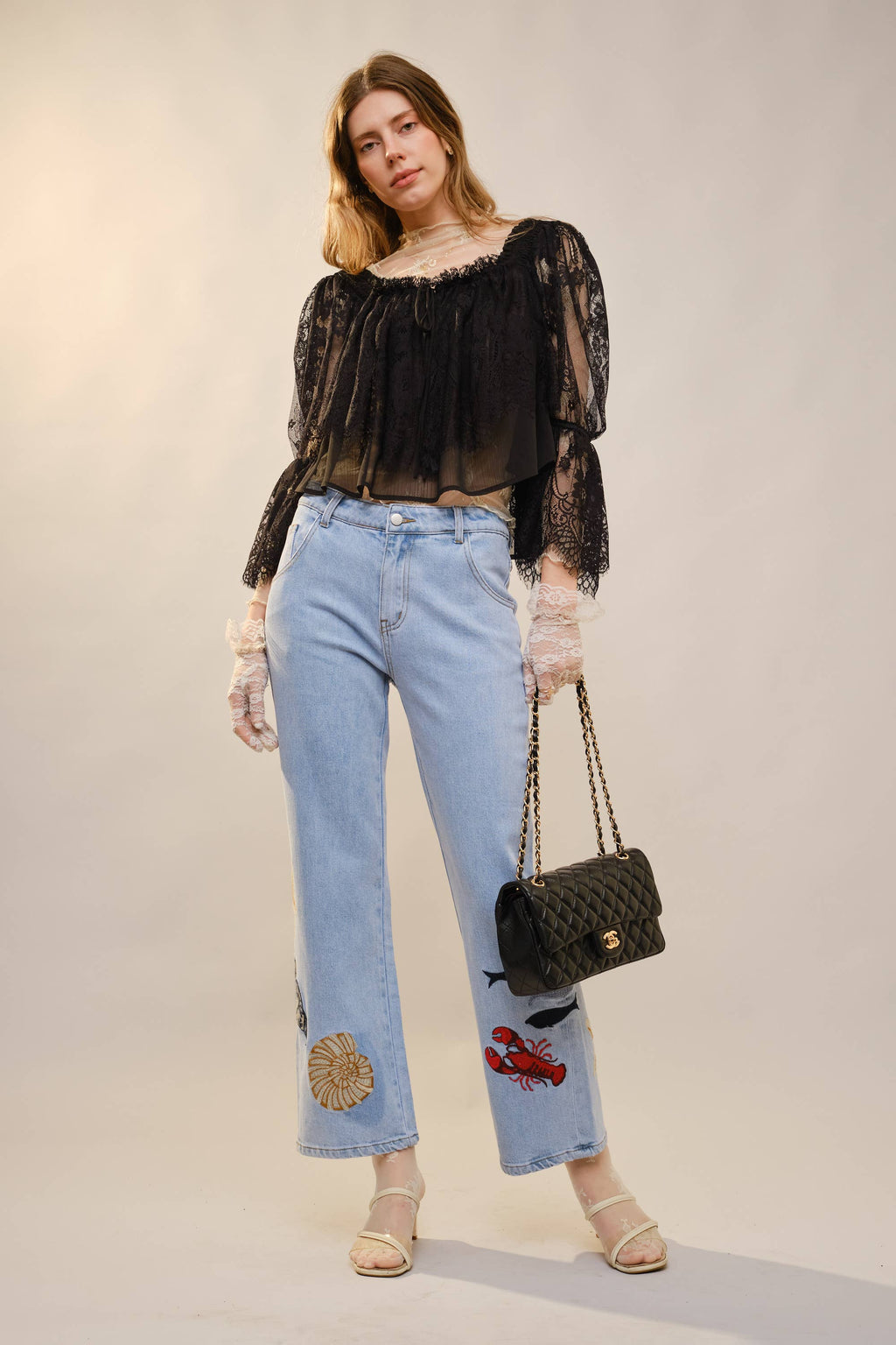 Ocean Embroidered Straight Leg Jeans