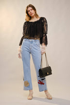 Ocean Embroidered Straight Leg Jeans