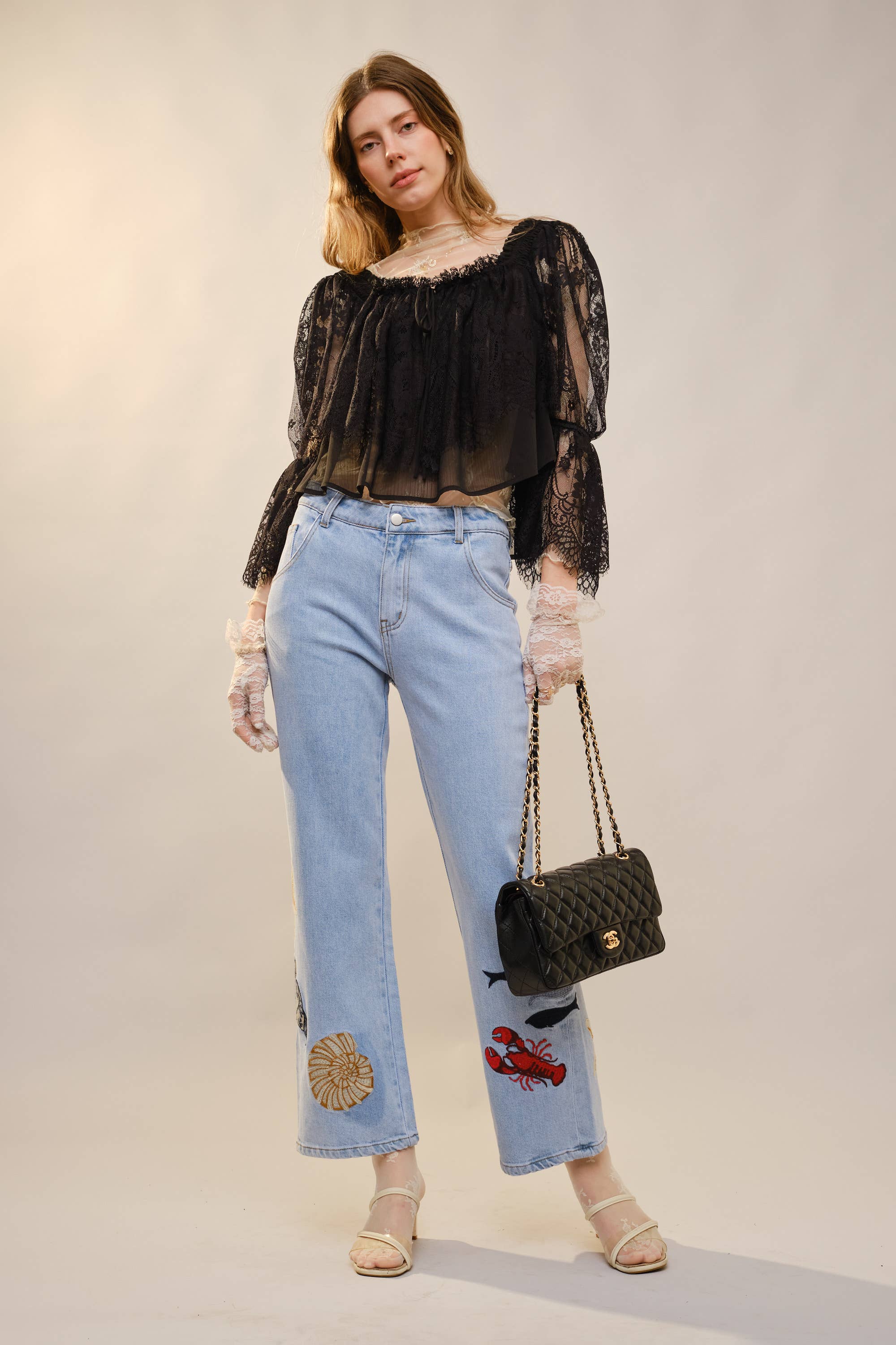 Ocean Embroidered Straight Leg Jeans