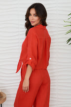 Linen Cropped Tie Blouse