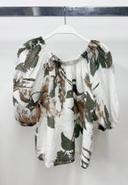Wild Peonies Off-Shoulder Linen Blouse
